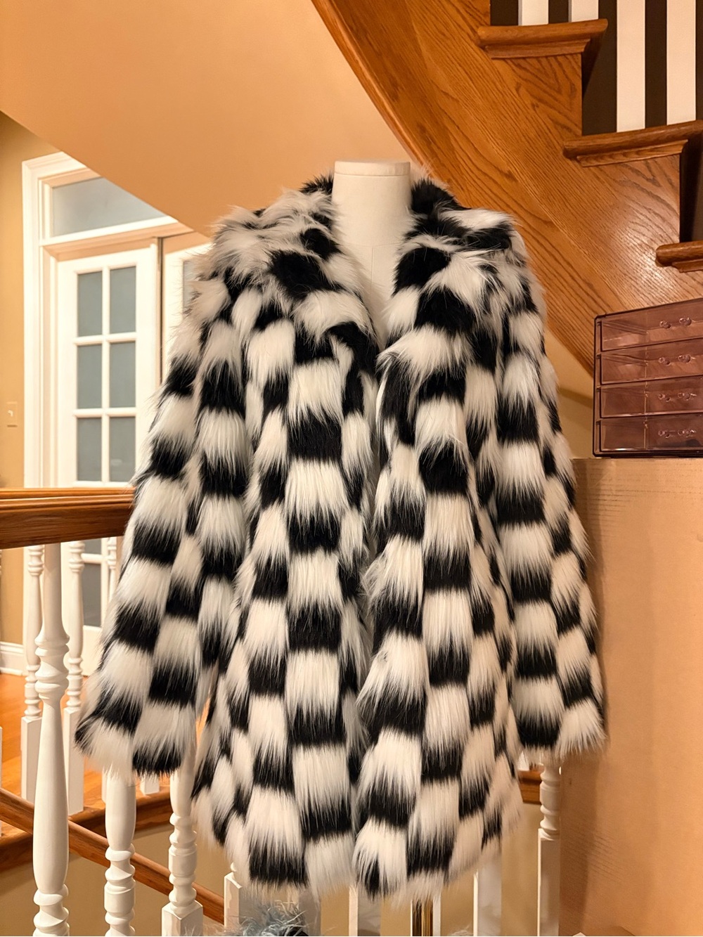 NWT Current Mood Oversized Long Checkered Recipe For Disaster Faux Fur Coat - Picture 2 of 6
